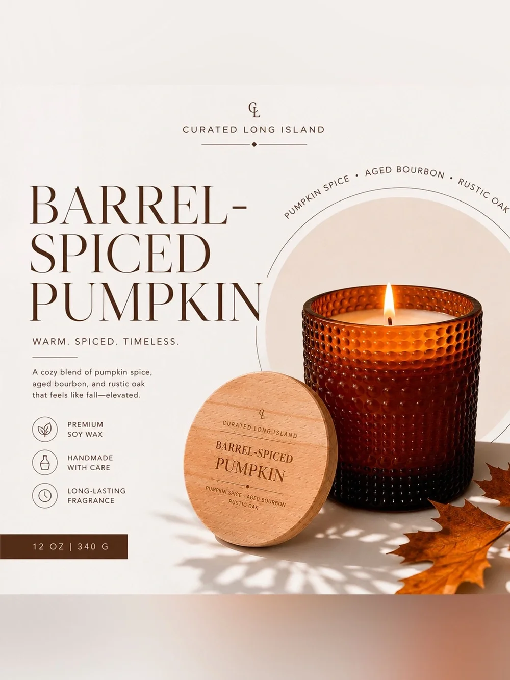Barrel-Spiced Pumpkin Soy Candle | 12 oz Amber Glass Bourbon Oak Scent